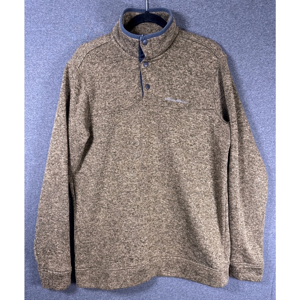 Eddie Bauer Mens Cloud Layer Fleece Pullover Brown Marl Snap Mock Neck Size TL